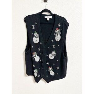 Victoria Jones Snowman Sweater Vest Christmas Holiday Beaded Knit Black Size 3X‎
